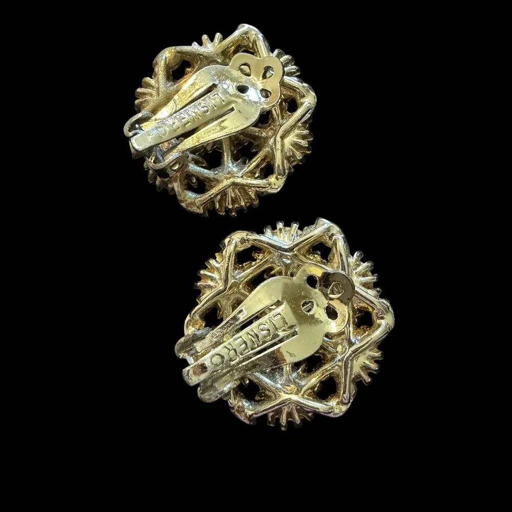 VTG Lisner clip on earrings sparkle pink clear flower‎ rhinestone cluster